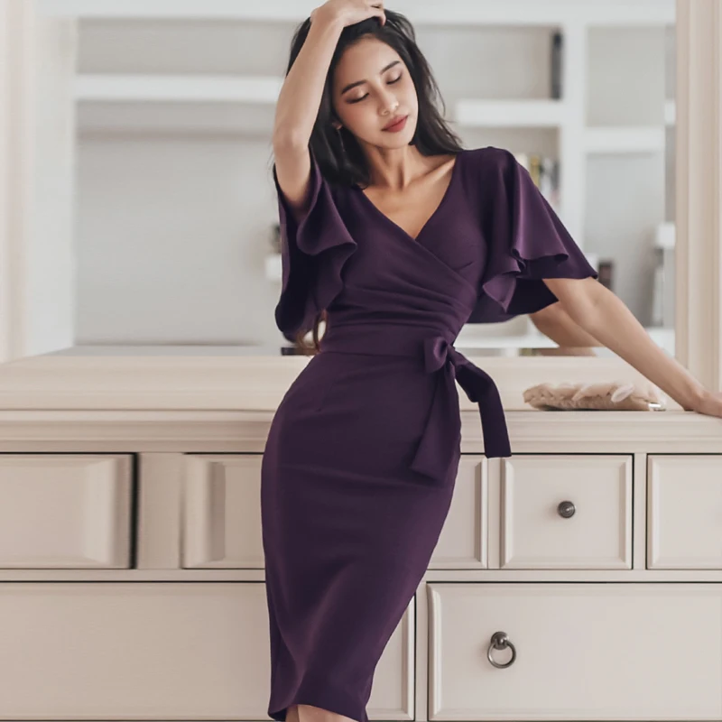 Elegant V-neck Lace Up Ruffles Women Dress Sexy Hip Package Mid-length Cloak Sleeve Female 2021 OL Style vestidos femme | Женская одежда