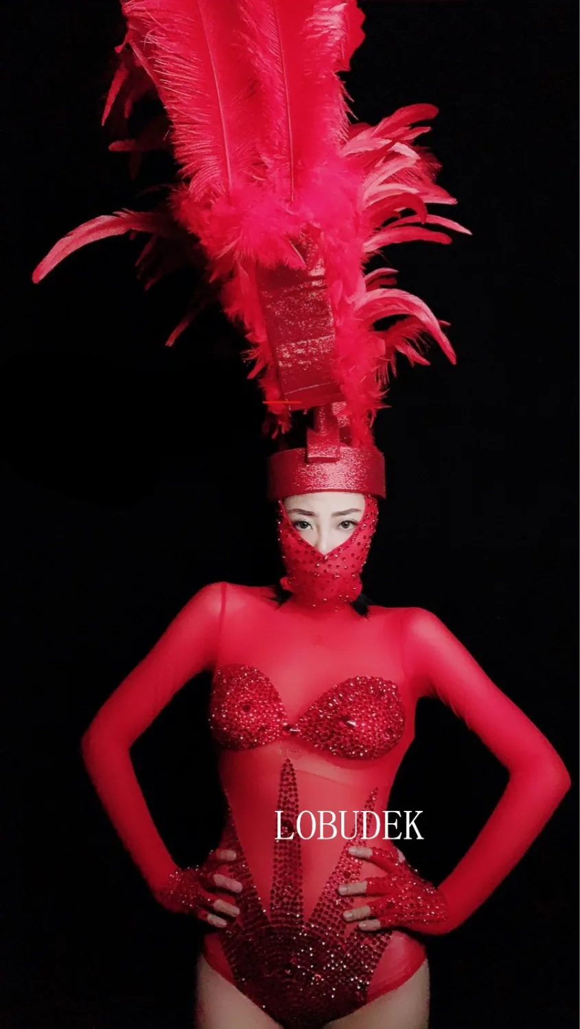 Valentine's Day Party Dance Teams Stage Wear Red Mesh Perspective Rhinestones Bodysuit Model Catwalk Nightclub Bar Dance Costume
