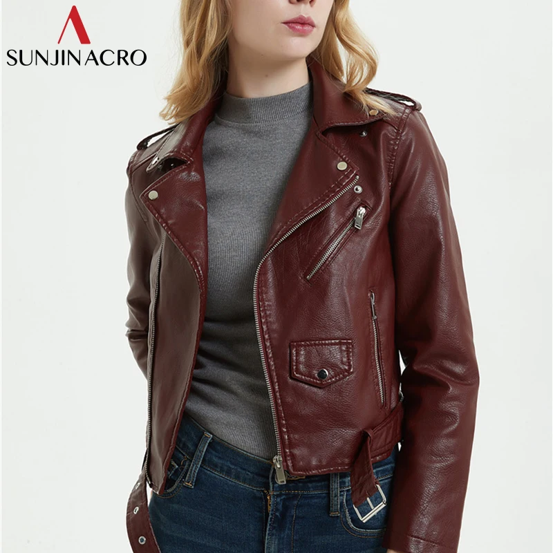 SUNJINACRO куртка из искусственной кожи PU мотоциклетная на молнии винно Красная