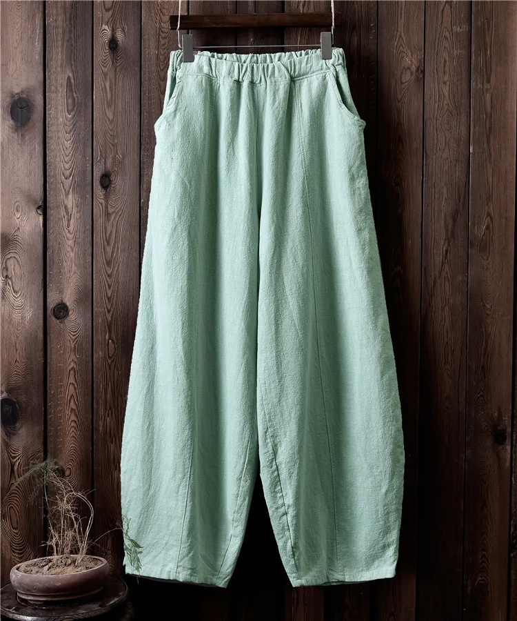 Pea green Johnature, Осенние однотонные свободные штаны с карманами, новинка, женские винтажные штаны с эластичной резинкой на талии из хлопка и льна, широкие штаны полной длины - Цвет: Pea green