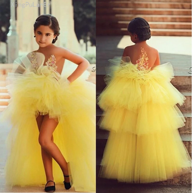 Yellow 2019 Flower Girl Dresses For Weddings Ball Gown Hi Low Tulle Tiered Long First Communion Little Girls | Свадьбы и торжества