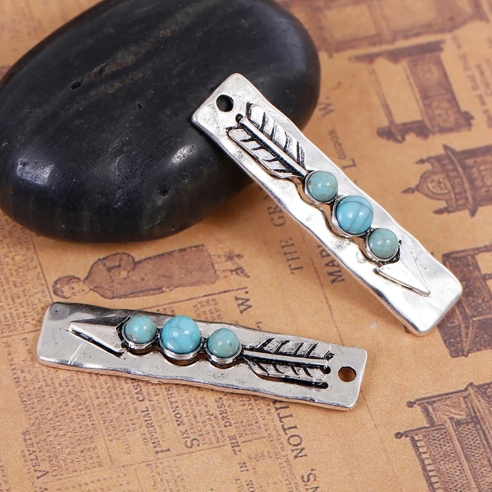 DoreenBeads цинковый сплав Бохо шикарные Подвески Прямоугольник Серебряный цвет синий стрелы Имитация драгоценного камня, 3 шт