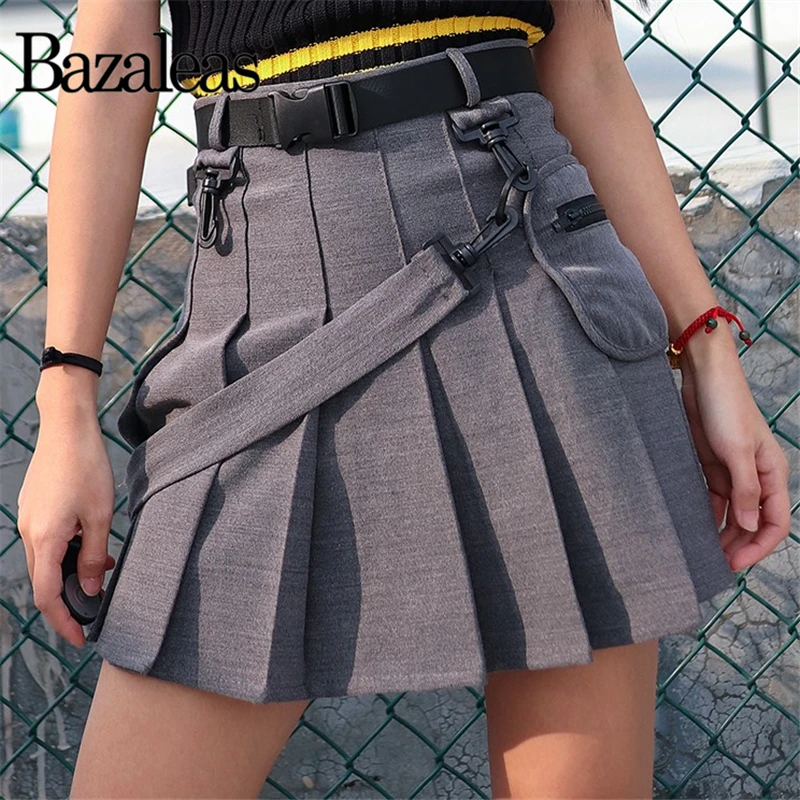 

Bazaleas Streetwear Sexy harajuku Short Skirts Casual Grey Sashes Women Skirts Fashion Pleated Skirts Punk Mini Skirt Vintage