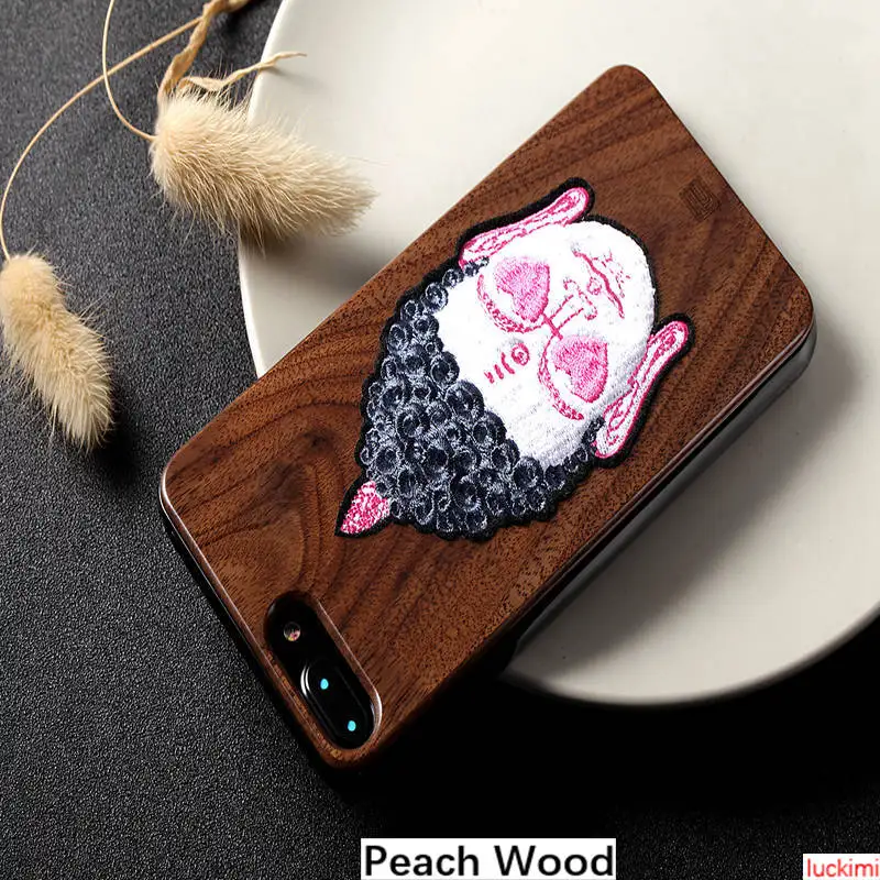 For iphone 6 7 8 6S Plus X Xs Xr Max Buddha Head peach cherry wood Bamboo embroidery Nature Material Phone case cover |