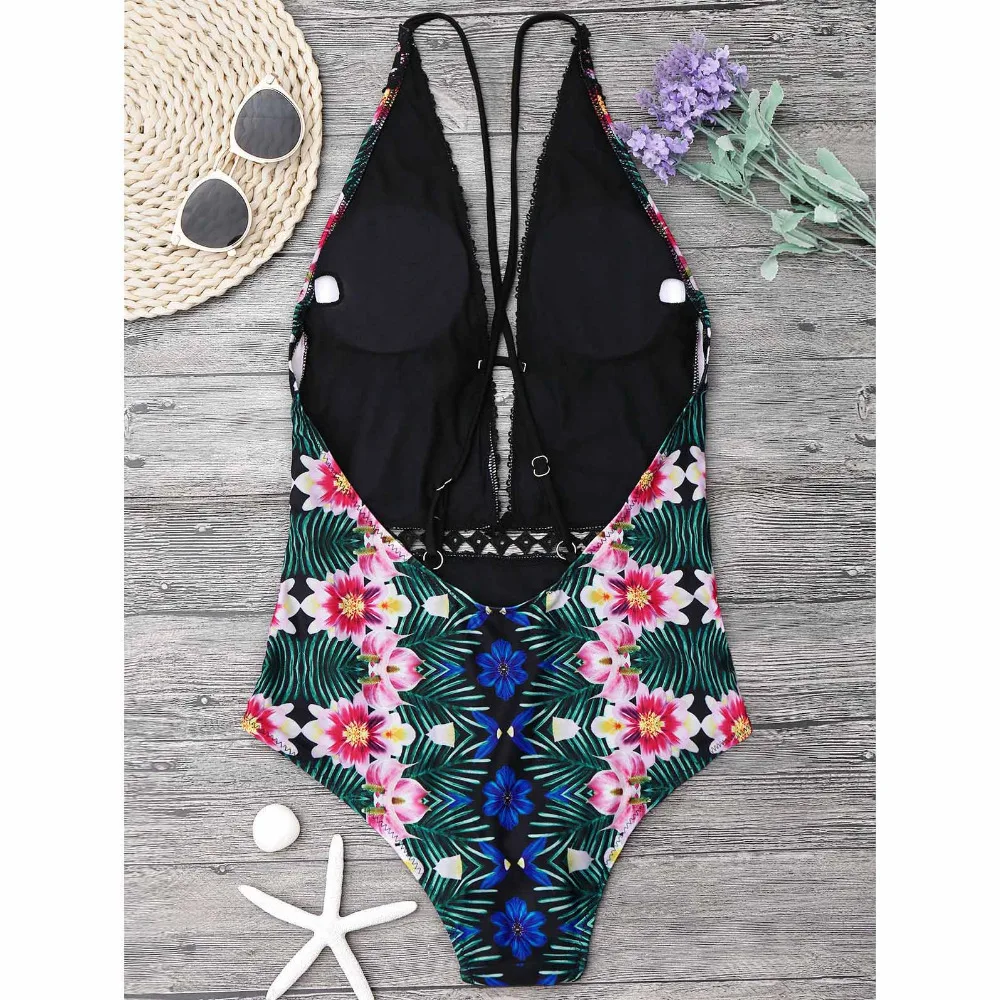 ZAFUL 2019 женский новый кружевной Цветочный Цельный купальник со средней талией на