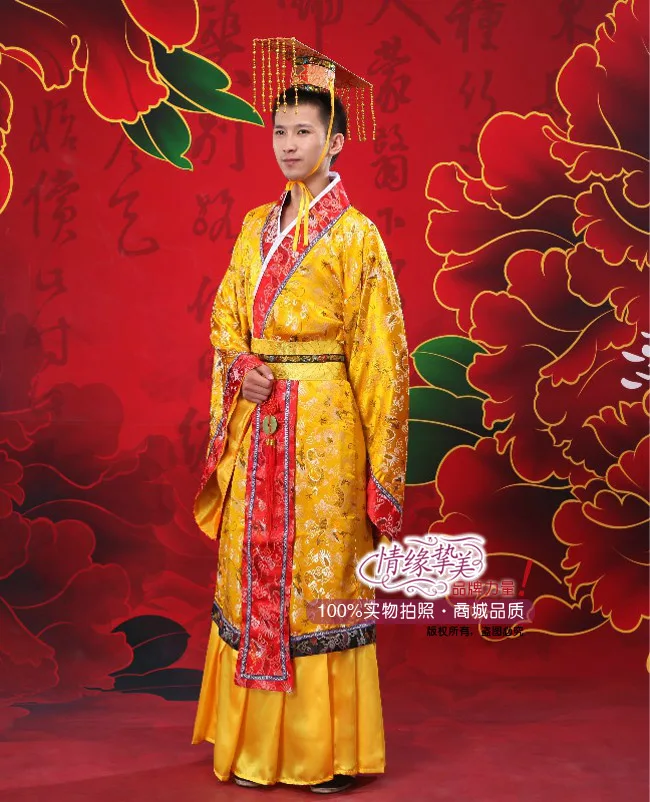 

Yellow Chinese Man Han Clothing Emperor Prince Show Cosplay Suit Robe Costume Minister traditional Ancient Dress Free shipping