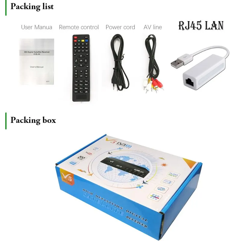 V5 RJ45 Lan Бесплатный спутниковый ресивер DVB-S2 H.265 тюнер интернет Youtube IP tv Receptor цифровая ТВ приставка Biss VU декодер запись Wifi - Цвет: V5 RJ45 Lan