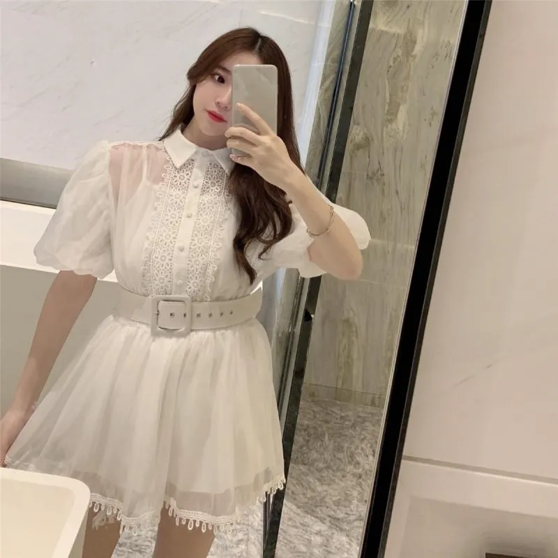 2019 летнее модное уличная мини-платье с рукавами-фонариками и поясом женское