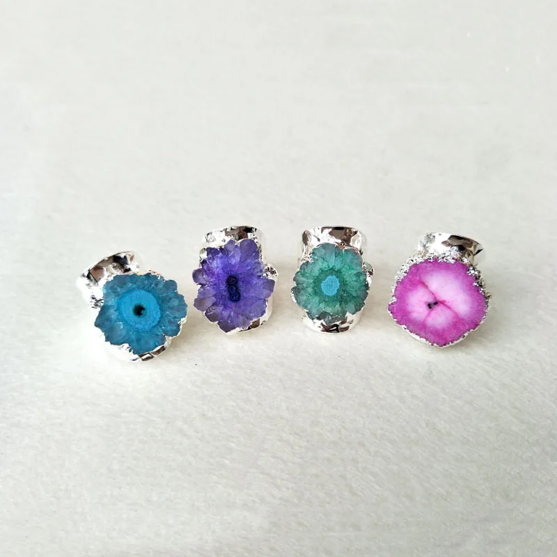 

5pcs silver plated Natural geode stone Rainbow Color rings,Dye Color Sun Flower Quartz Stone Rings,Jewelry Finger Ring R24