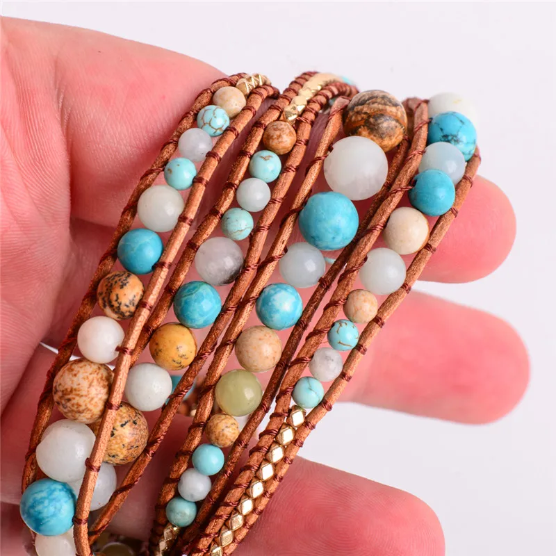 Изысканный градиентный 2018 - 5X кожаный браслет Amazonite золотой многослойный для