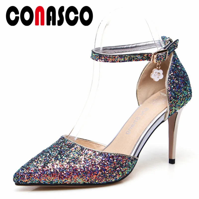 

CONASCO Модные женские Ремешок на щиколотке женские туфли-лодочки с острым носком; Обувь на высоком каблуке; Сезон весна-осень, блестящие, хит п...