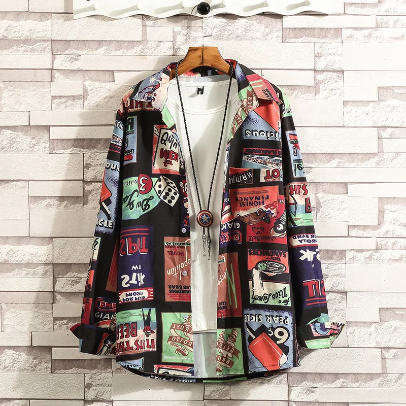 

Shirts Men Picture Printed Male Shirts Cotton Full Sleeve Extended Shirt Fashion Turn-down Collar Autumn Streetwear