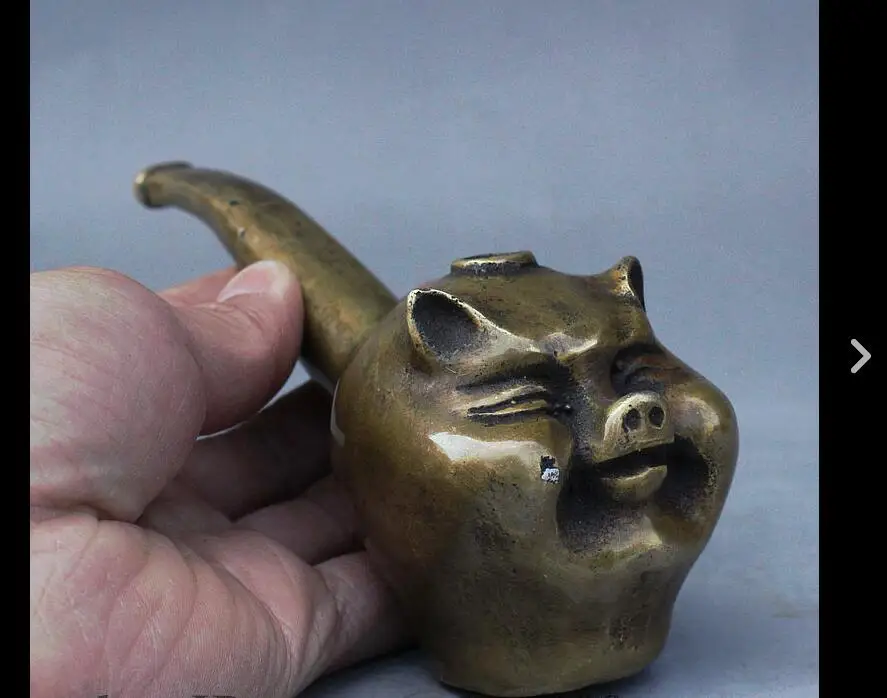 SHUN China Collect Bronze Zodiac Year Happy Pig Head Statue Pipe Holder Smoking Tools | Дом и сад