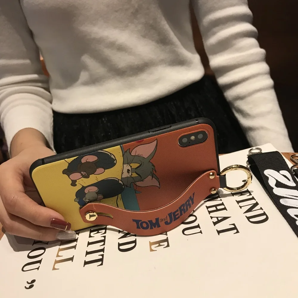 Забавный чехол с рисунком том Джерри для iPhone X, XR, Xs, Max, 8, 7, 6, 6s Plus, чехол на запястье, тканевый чехол с ремешком через плечо