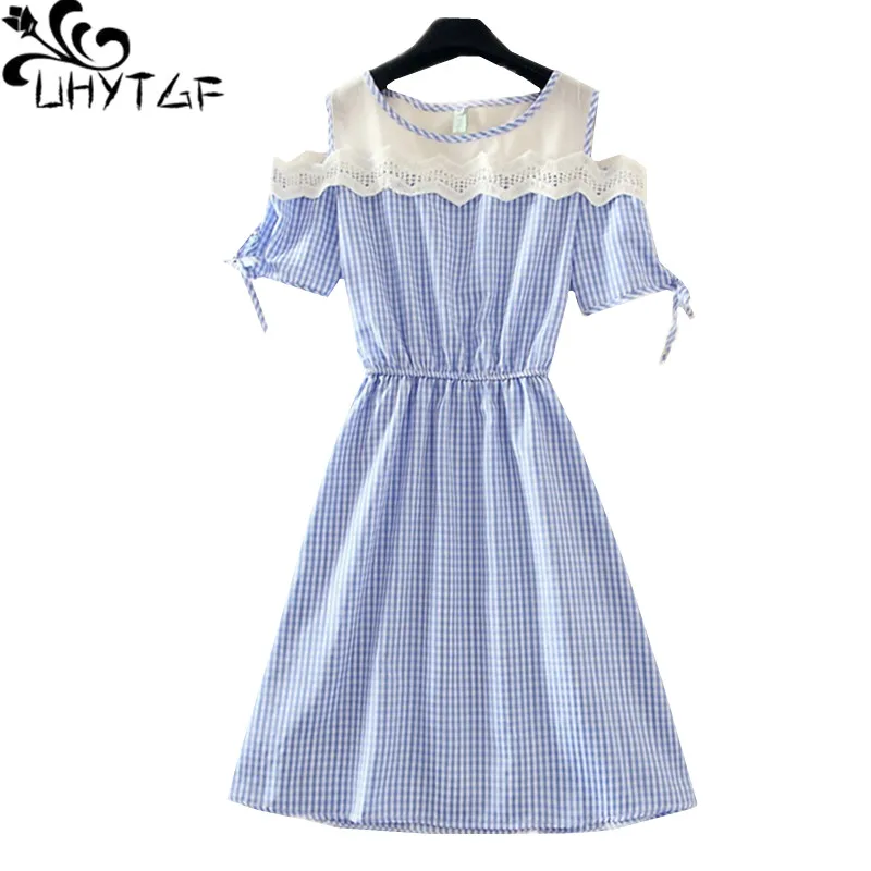 

UHYTGF Women's dresses Fashion lace stitching summer dresses Small fresh Cute girl party dress elegant student bandage dress 631