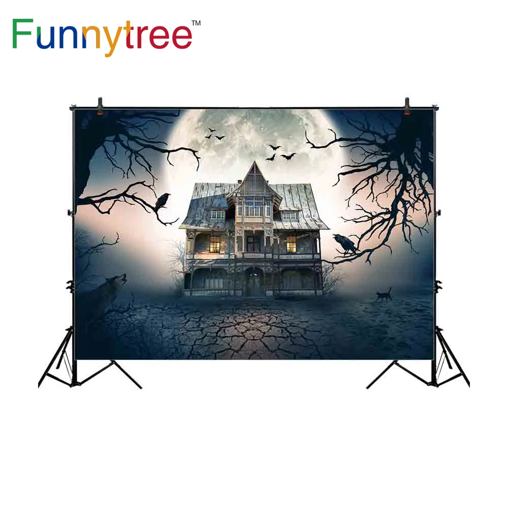 Фон Funnytree для фотостудии ветхий замок Большая Луна Хэллоуин летучая мышь волк
