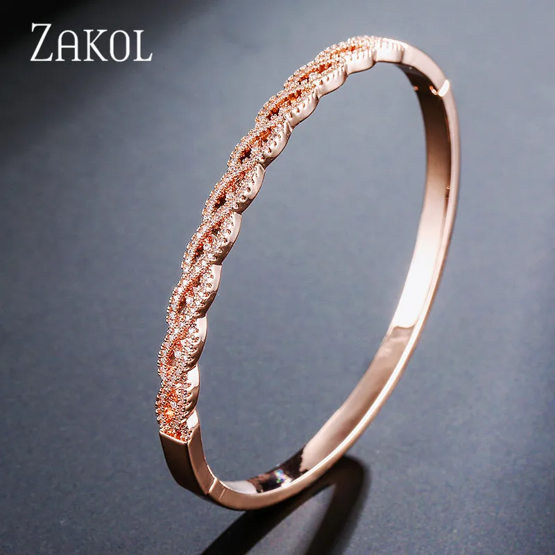 Женский браслет ZAKOL роскошный из розового золота с фианитами ААА для свадебной