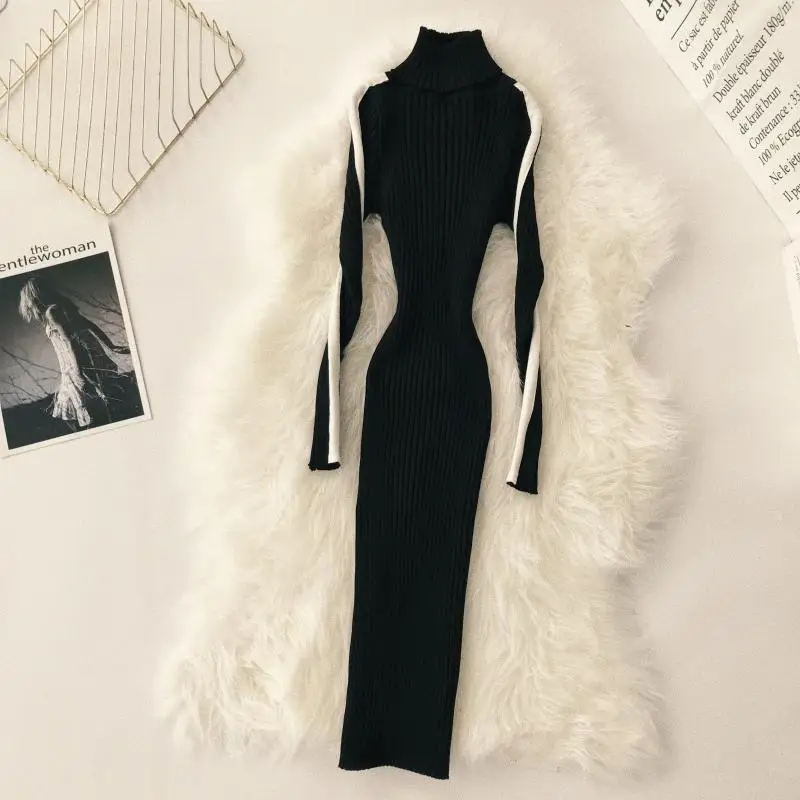 Женское облегающее платье ALPHALMODA карандаш с высоким воротом и рукавом в полоску