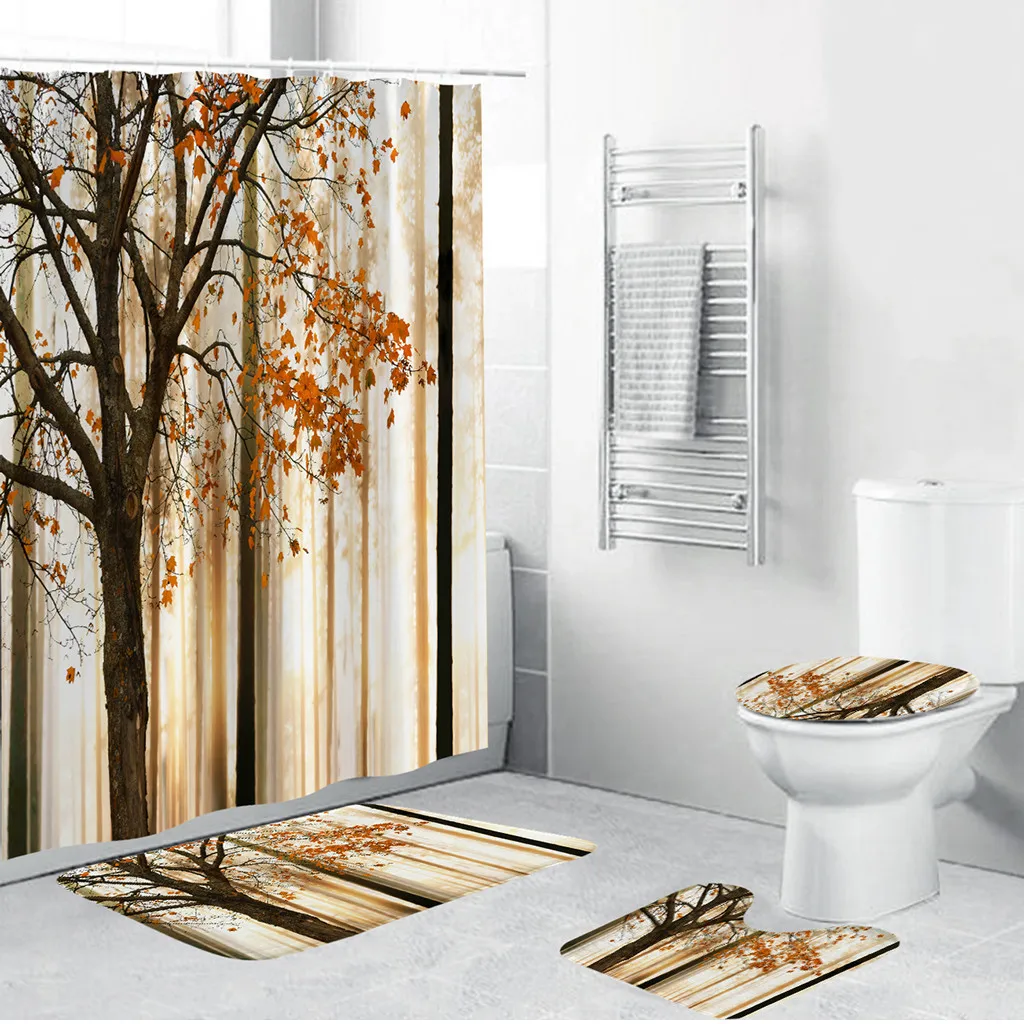 4 шт./компл. Противоскользящий Набор ковриков для унитаза + занавеска душа ванной