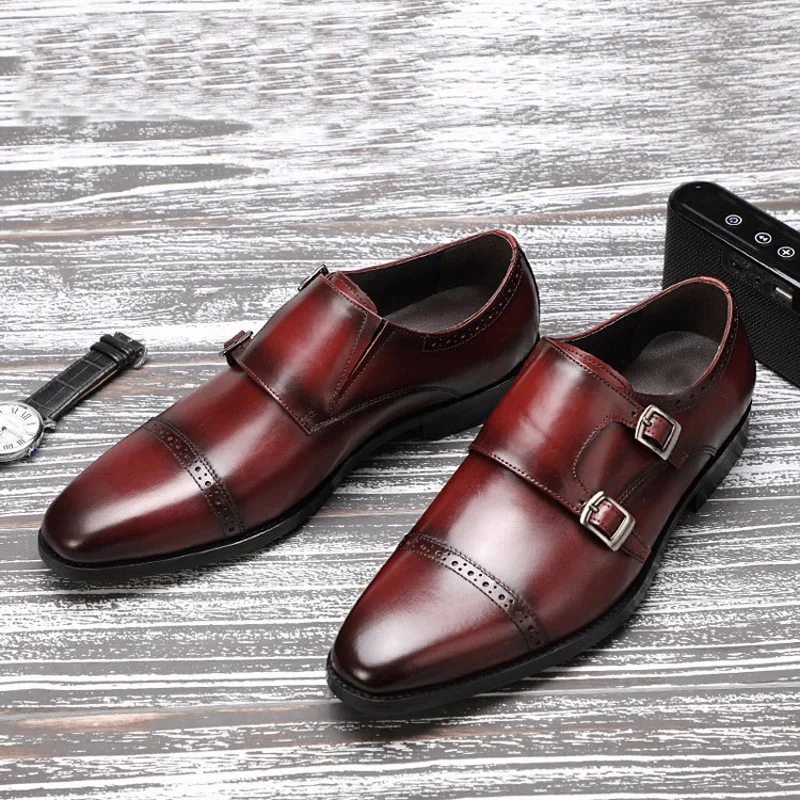 2019 men shoes brand luxury casual Brogue Shoes With Buckle Straps Genuine Leather Black Party Wedding | Обувь