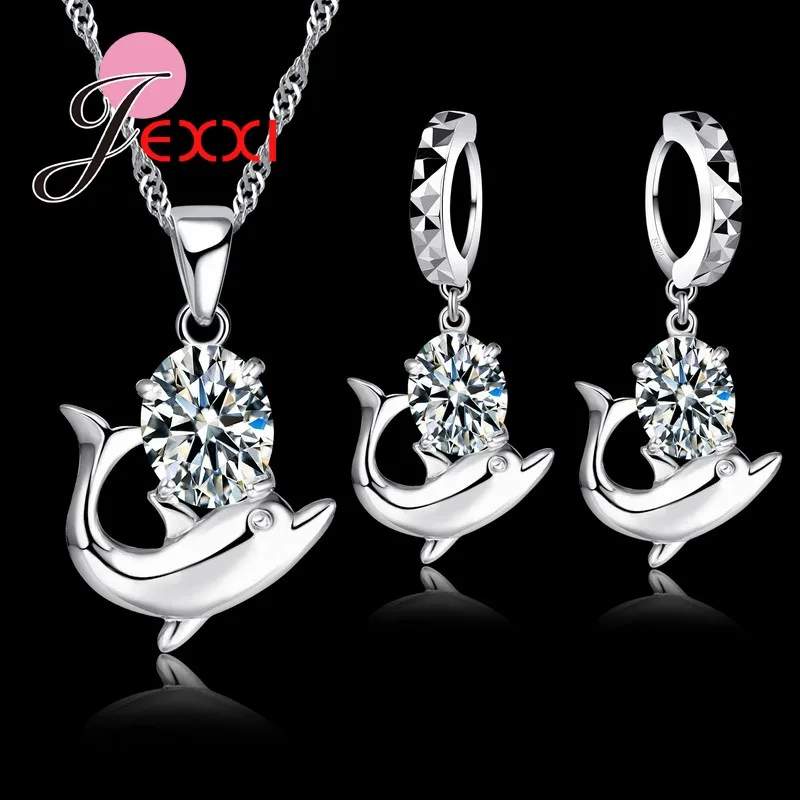 

Trendy 925 Sterling Silver Cubic Zirconia Jewelry Sets Dolphin Pendant Necklace Earrings Set for Women Free Shipping