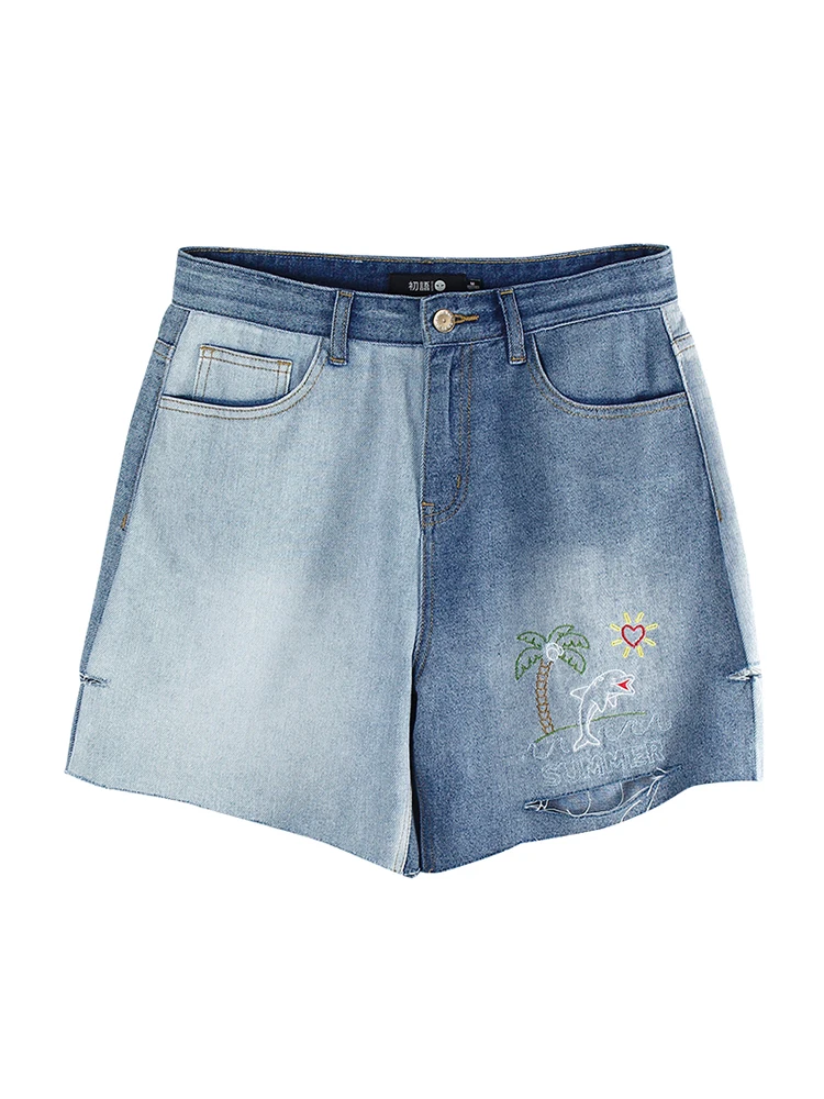 

Toyouth Summer Women's Clothing Flower Embroidery Denim Shorts Cotton 2019 Contrast Color Casual Female High Waist Jeans Short