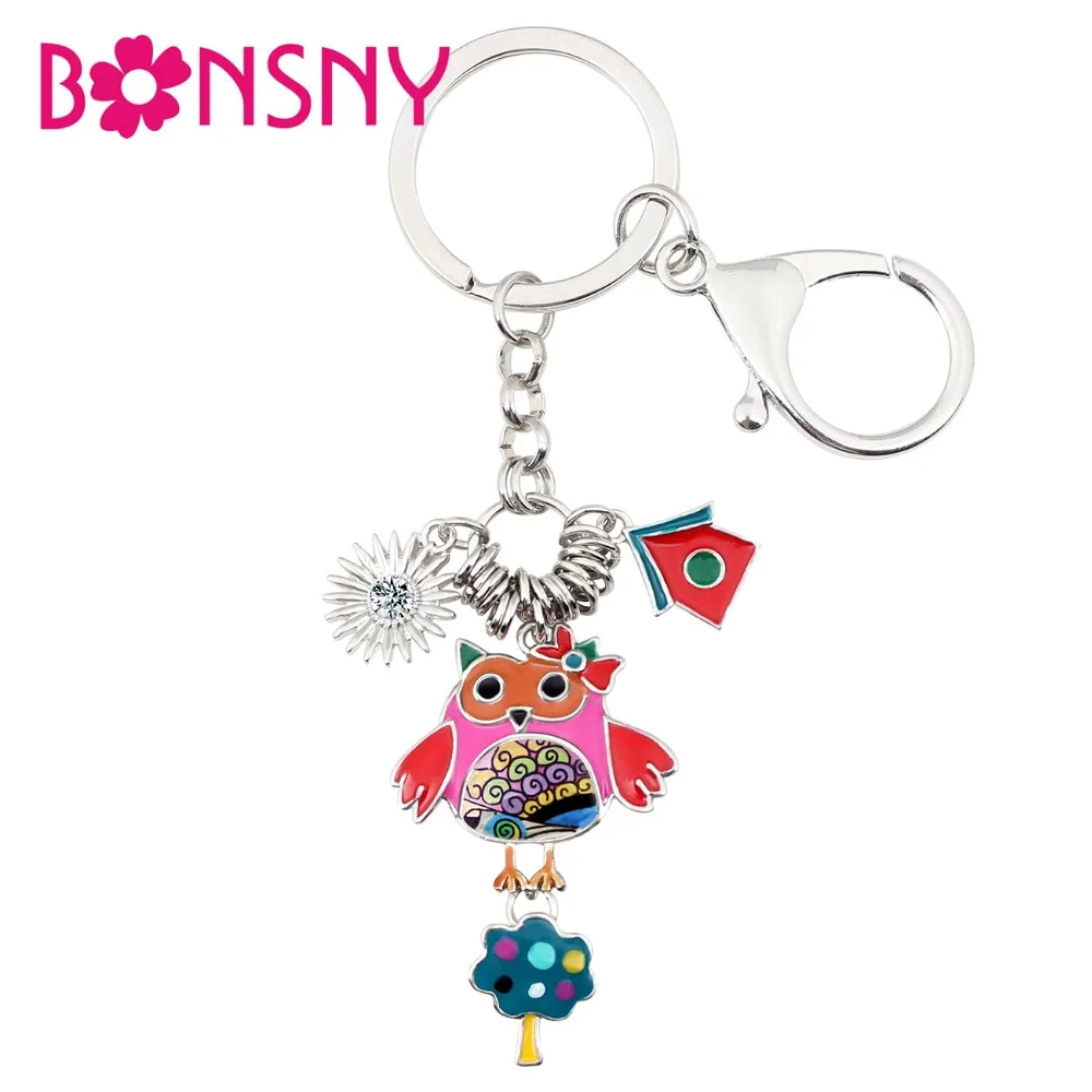 Bonsny эмалированный сплав мультфильм сова дом дерево птица брелок на цепочке