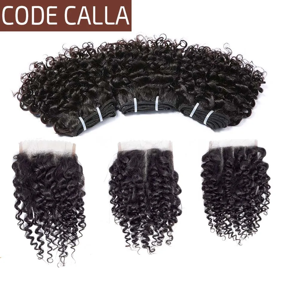 Brazilian Kinky Curly Hair Weave Bundles with Lace Closure Code Calla Double Drawn Curly Remy Human Hair Extensions with Closure