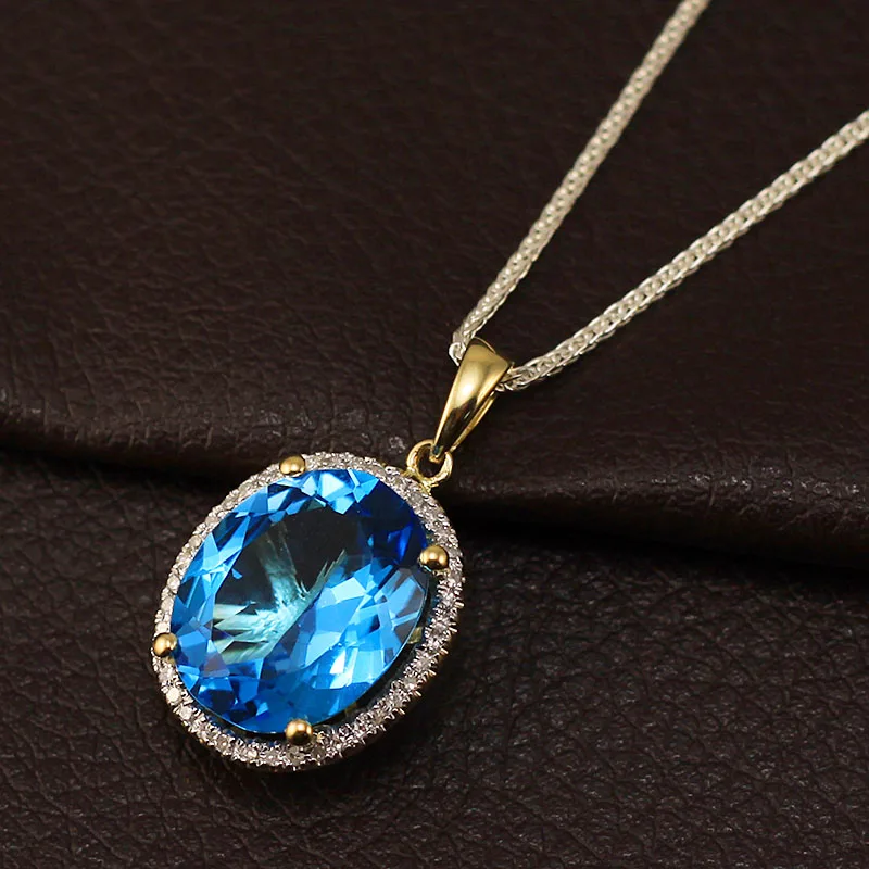 Natural Blue Topaz Pendants In18K Yellow Gold Diamonds Pendant Oval 12x15mm For Women E0003 | Украшения и аксессуары