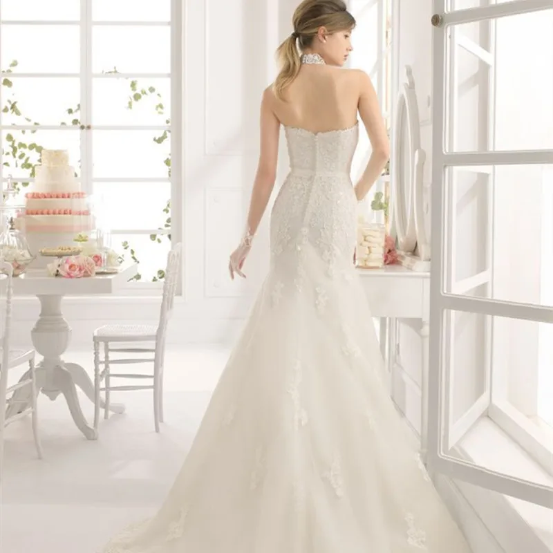 Длинное белое свадебное платье с вырезом лодочкой кружевное женское для