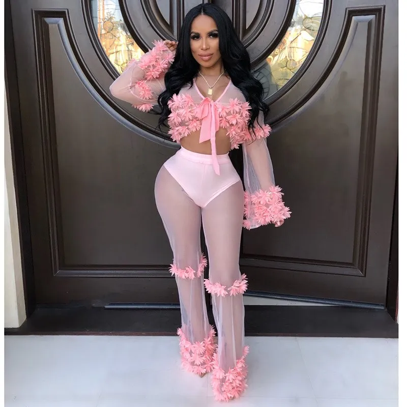 Women Appliques Sheer Mesh Two Piece Set Sexy See-Through Flare Sleeve Crop Top and High Waist Pants Suits | Женская одежда