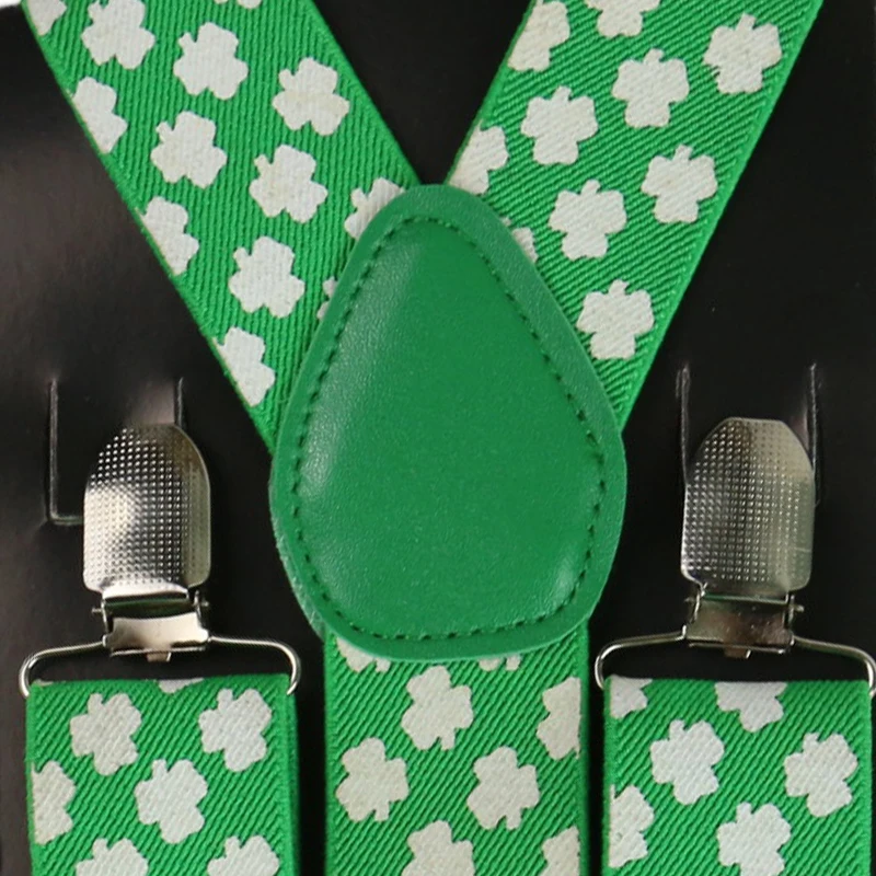 3.5cm Wide Fashion Green White Four Leaf Clover Print Men Women Clip-on Suspenders Elastic Y-Shape Adjustable male Ladies Braces |