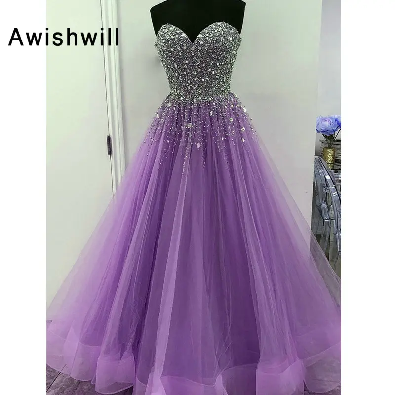 Настоящая фотография Vestidos de Fiesta Largos Elegantes de Gala хрусталь Бисер Тюль Длина до пола длинное вечернее платье для выпускного вечера для женщин - Цвет: Lavender