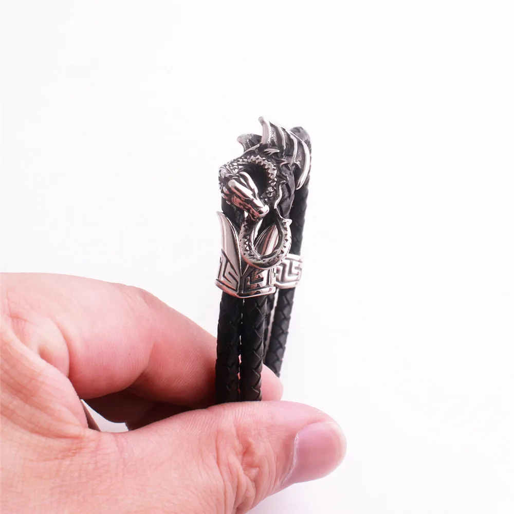 

Men Punk High Quality Dragon Shape Stainless Steel Clasp Genuine Leather Cord Fashion Pterosaur Charm Bracelet