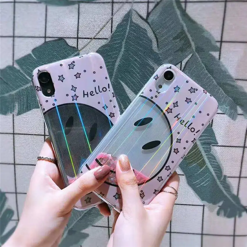 Clear Glitter Quicksand Phone Back Cover For iPhone XR XS MAS 6s 7 8 Plus Bling Dazzle Color Hello Greeting Big Smile Face Cases |