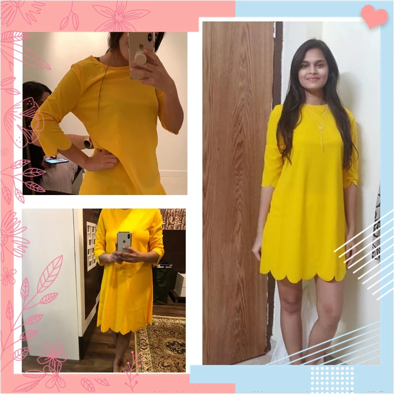 Dotfashion, желтая туника с волнистым краем, женские платья, Новое поступление, одежда, осенняя, повседневная, простая, 3/4 рукав, прямое короткое платье