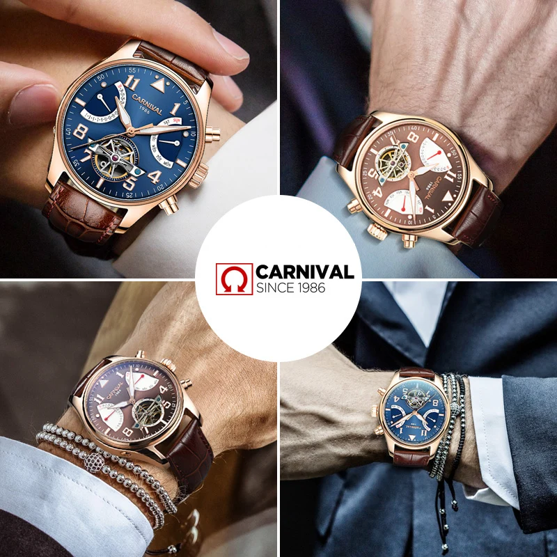 

CARNIVAL Sapphire relogio masculino TopBrand Automatic Watches Men Tourbillon Mechanical waterproof Clock Fashion Leather Luxury