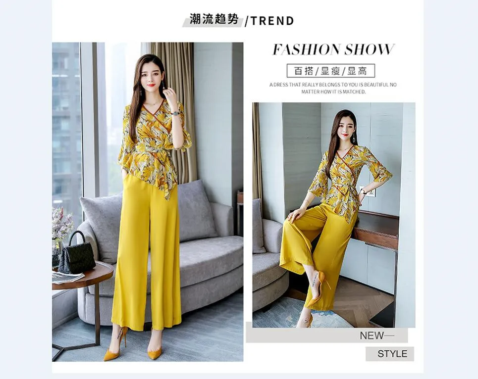 Летний женский элегантный комплект из двух частей Цветочная шифоновая блузка рубашка Топы и широкие брюки костюм из 2 предметов