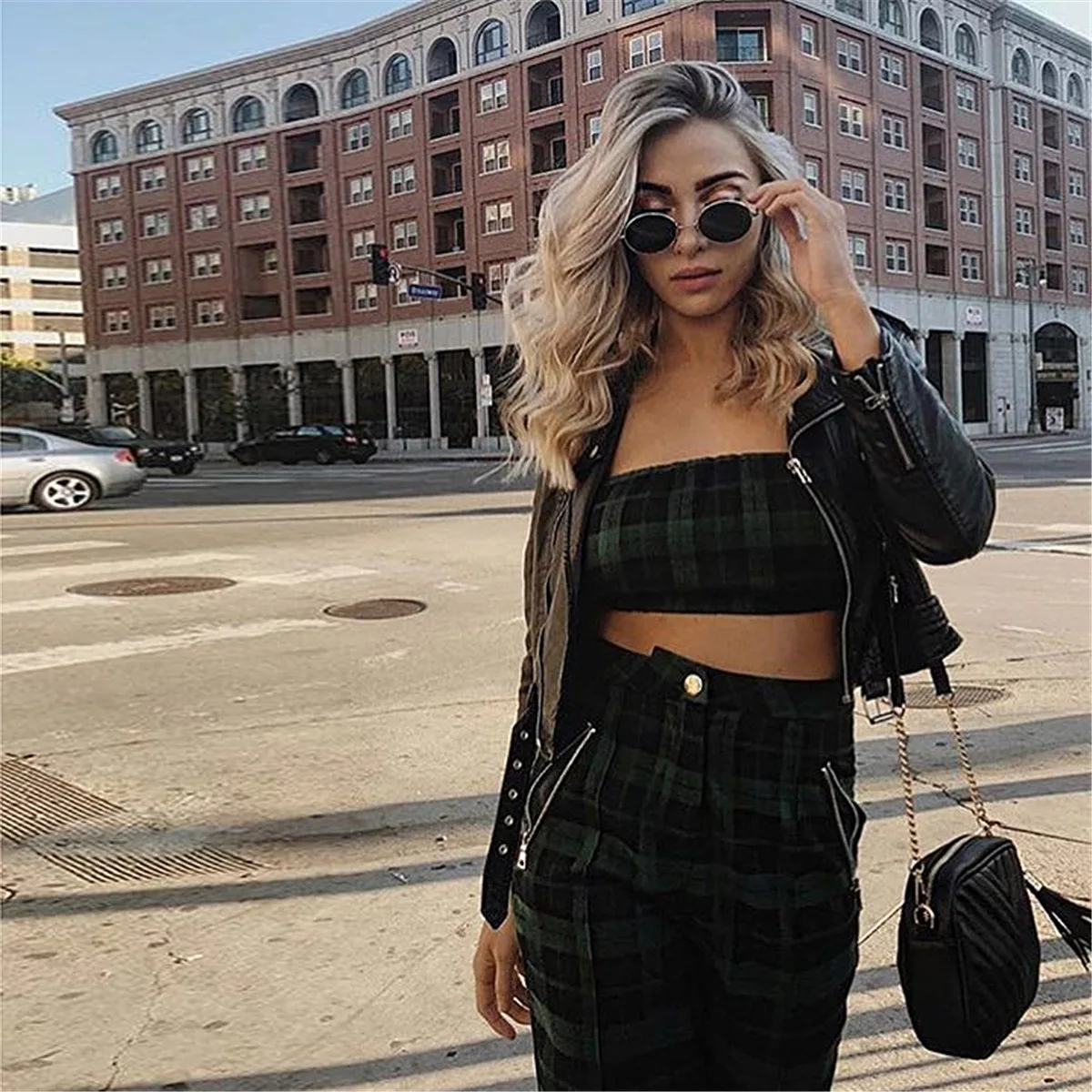 Для женщин комплект клетчатый жилет груди Обёрточная бумага + длинные брюки топ и