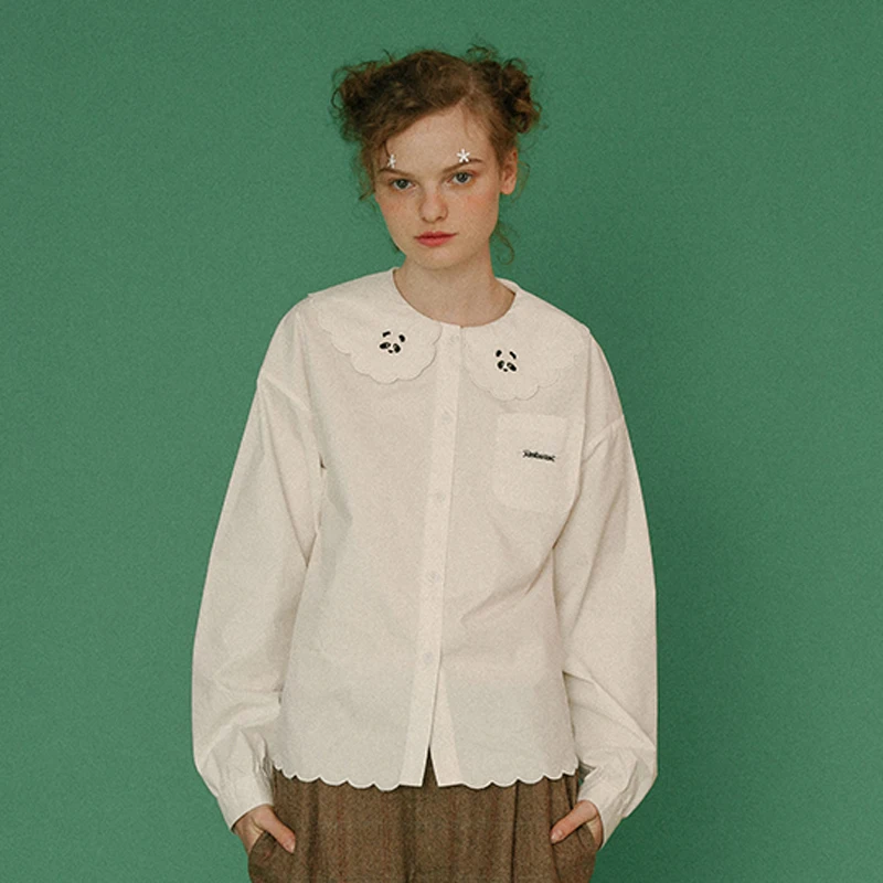 

Pretty Women Spring New Blouse Chinese Panda Embroidery Long Sleeve Ladies White Shirts Tops Cotton Ruffles Peter Pan Collar