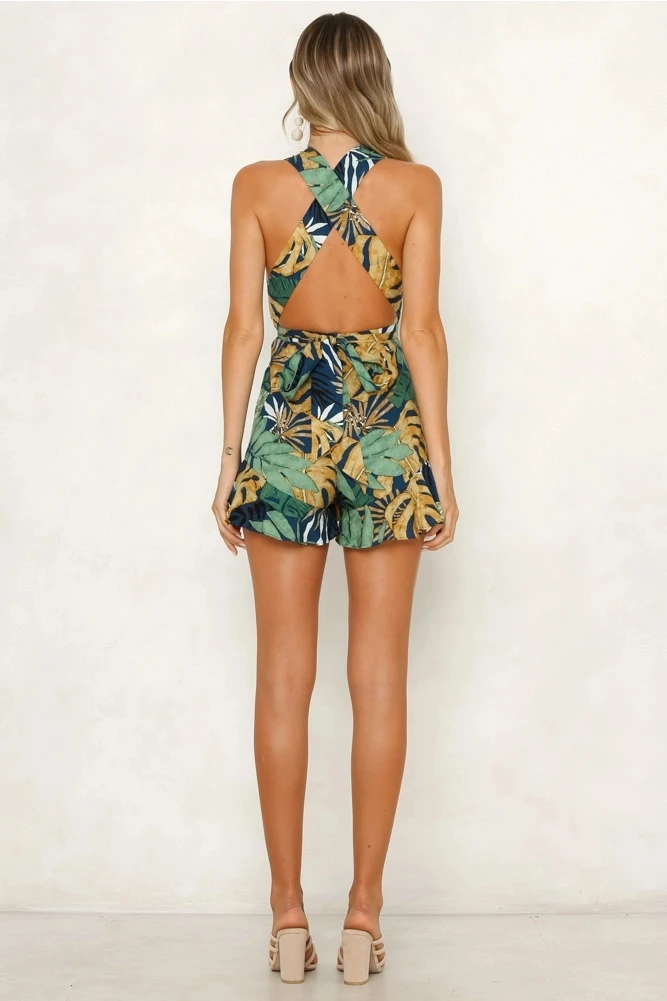 

Summer New Women Romper V-Neck Back Cross Printed Of Sexy Jumpsuits Short Pants Fashion Vestido Halter Floral Print