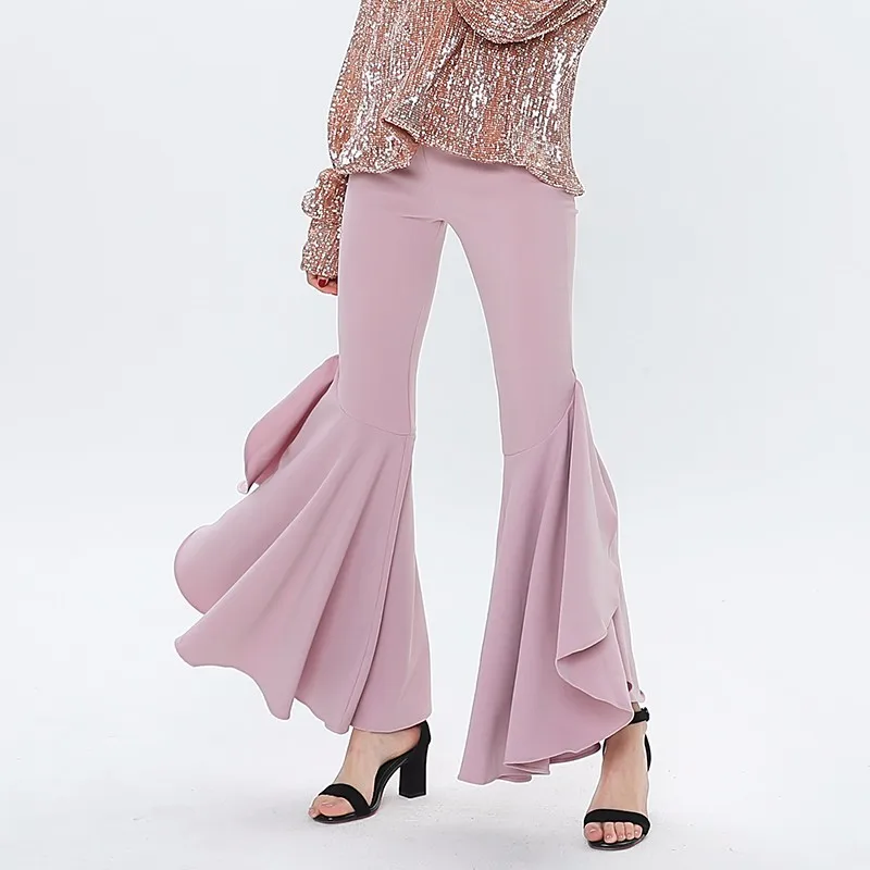 Брюки TWOTWINSTYLE с высокой талией длинные розовые оборками 2020 | Женская одежда