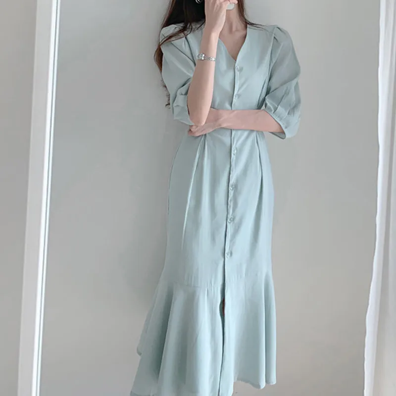 blue women dress RealShe, женские платья, v-образный вырез, половина рукава, пуговицы, оборки, женское макси платье, весна, повседневное, модное, одноцветное, женское платье, элегантное - Цвет: blue women dress