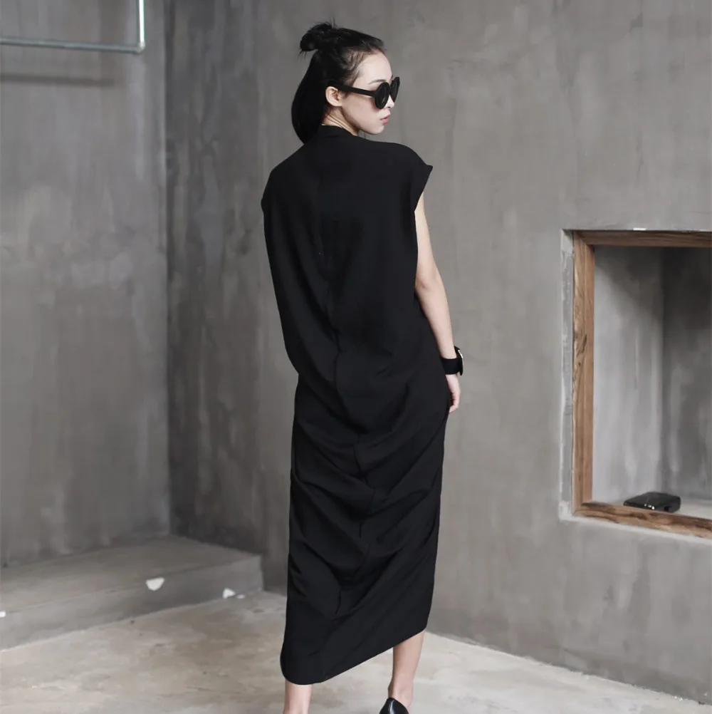 Cakucool New Summer Solid Black Dress V-neck Asymmetric Loose Vestidos Sleeveless Pleats Brief Gothic Dresses Plus Size Sundress | Женская