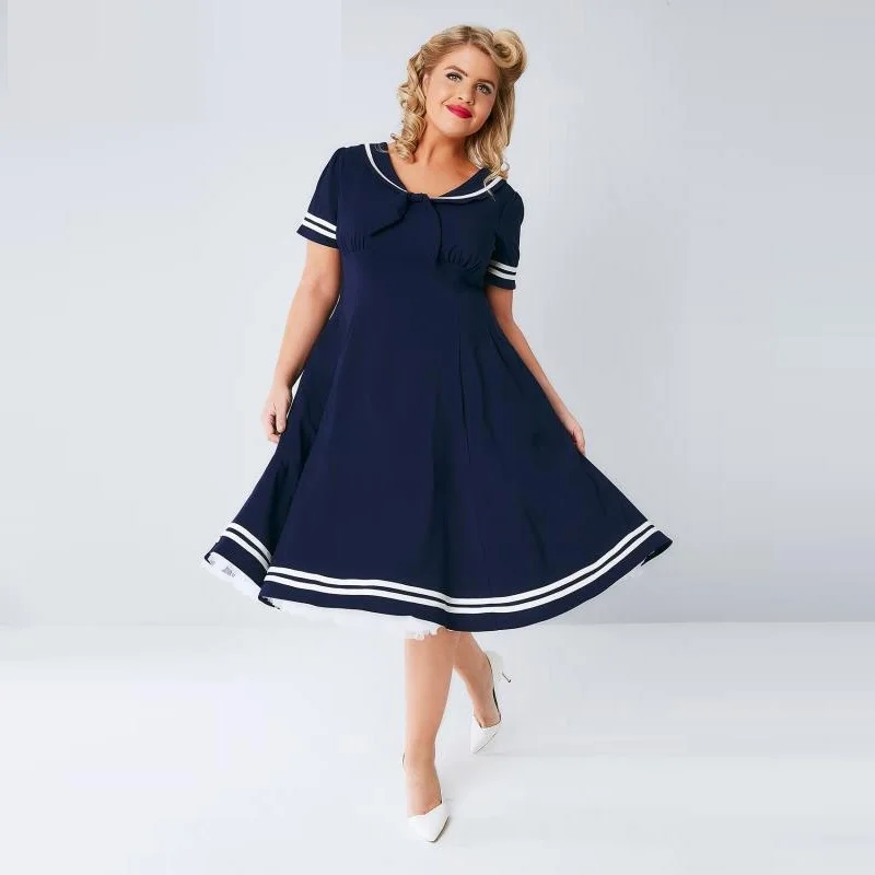 Plus size women 2017 summer new dress womens fashion simple solid color casual school wind navy blue A line dresses ZD2090 | Женская