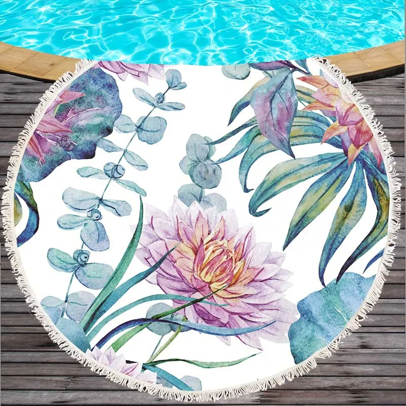 with tassel super fine fiber printed beach towel napkin 150 cm round towelDH009 | Дом и сад