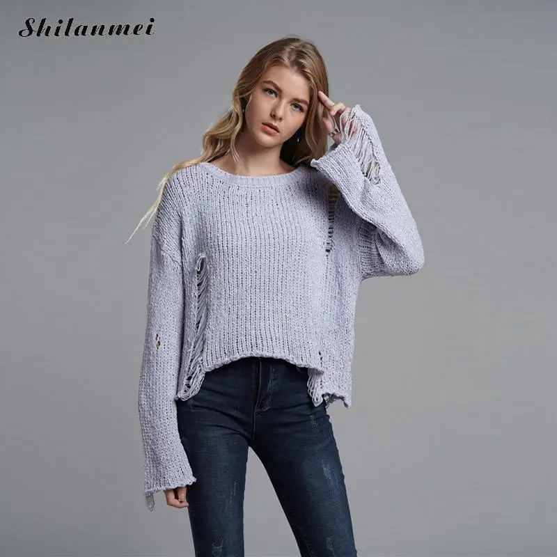 

Серый однотонный Повседневный вязаный свитер, женские пуловеры оверсайз с длинным рукавом и вырезами, свободный осенне-зимний свитер 2019, пу...