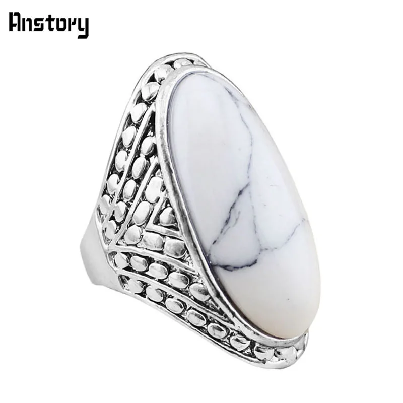 

Crack Dot Oval Blue White Stone Rings For Women Vintage Antique Silver Plated Wedding Party Gift Fashion Jewelry TR363
