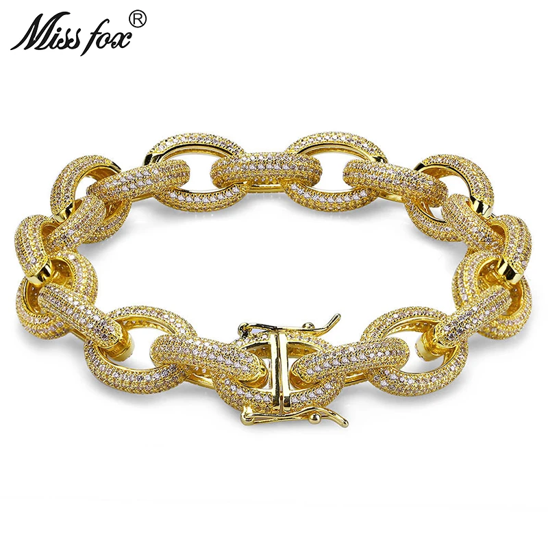 

MISSFOX Hip-Hop 12mm Oval Multi-Layer Twist Micro-Studded High-End Diamond Inlay 18K Gold Jewelry Clasp Men's Brand Bracelet