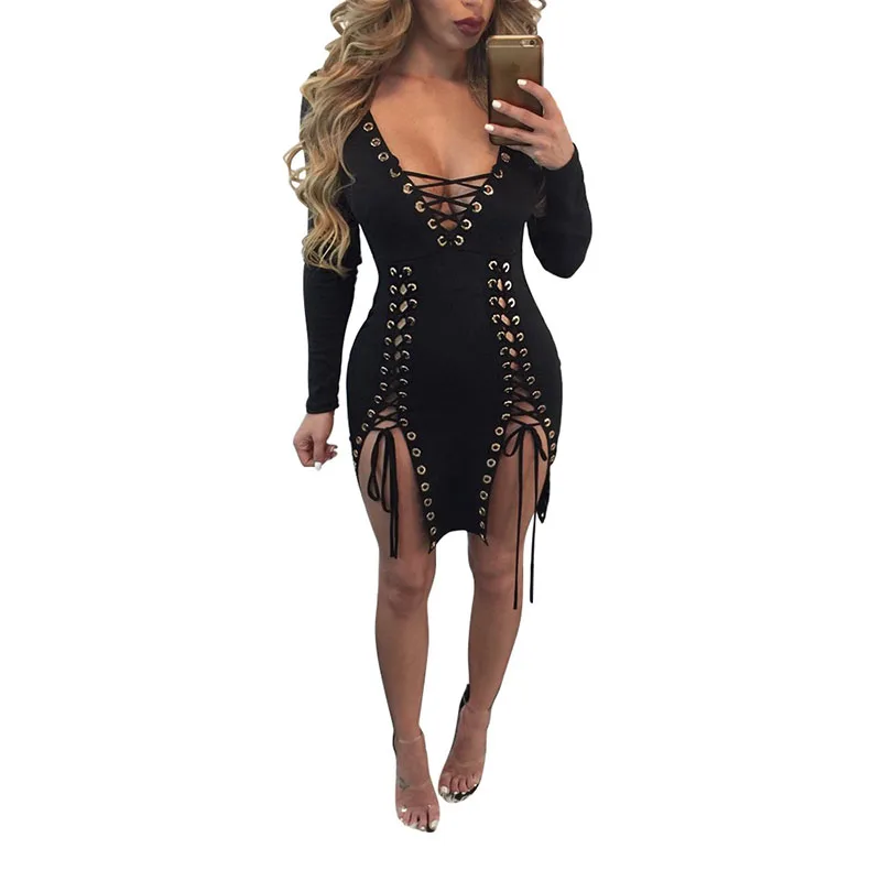 Глубокий v-образным вырезом женщин кружева выдалбливают сексуальный повязку dress